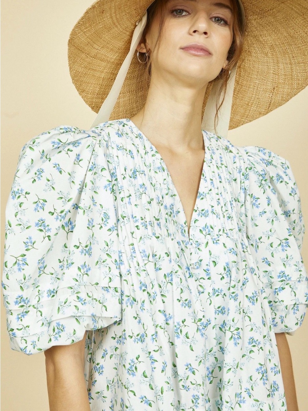 HUNTER BELL White Midi Dress with Blue Floral and Green Leaf Print